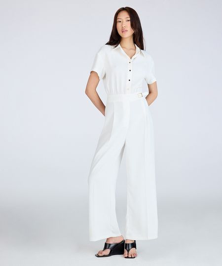 macacão longo feminino de alfaiataria com fivela off white P