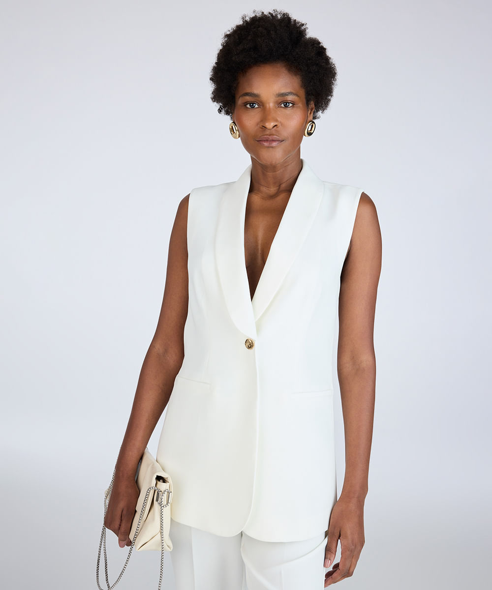 colete alongado feminino de alfaiataria decote v off white