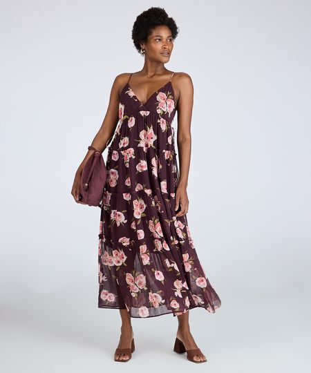 vestido longo alça fina feminino com recortes floral colorido PP vestido longo alça fina feminino com recortes floral colorido PP