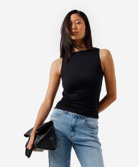 regata feminina de poliamida decote canoa preta M