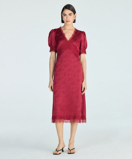 vestido midi feminino acetinado com renda - vinho PP vestido midi feminino acetinado com renda - vinho PP