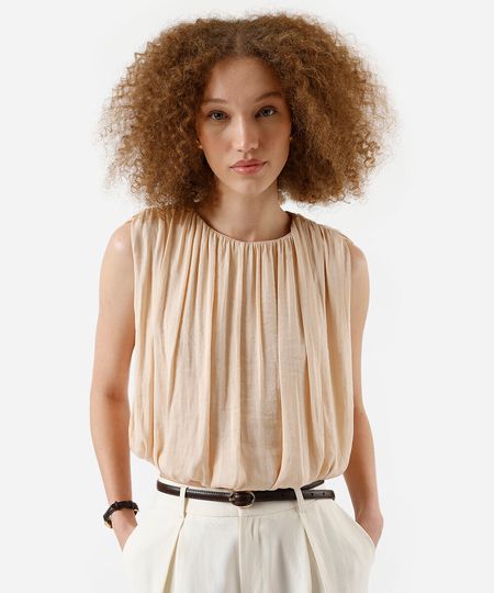 regata balonê feminina com franzidos bege PP regata balonê feminina com franzidos bege PP