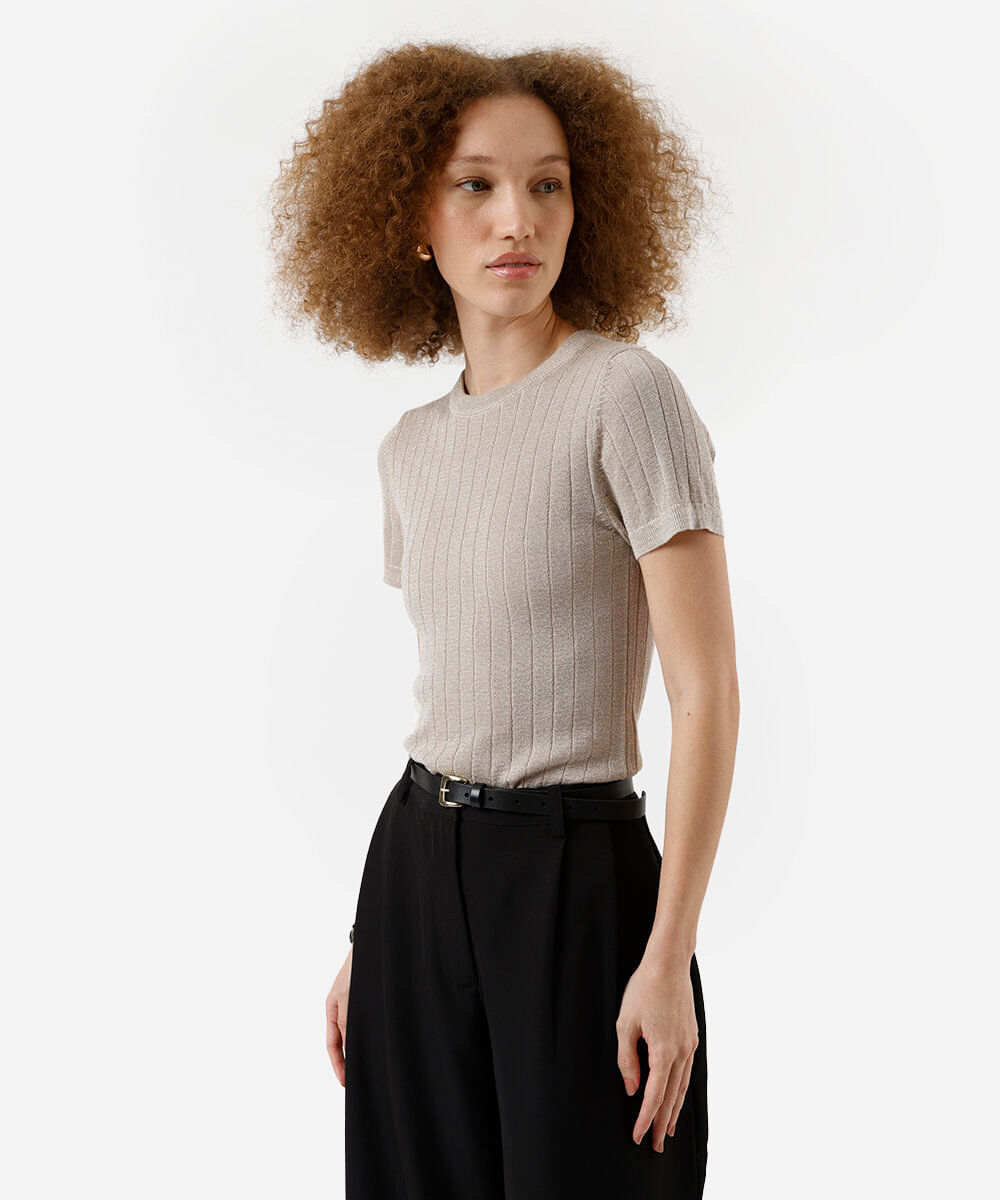 blusa feminina de tricot canelada com lurex bege