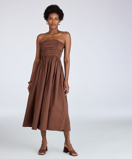 vestido longo feminino sem alça com pregas marrom GG