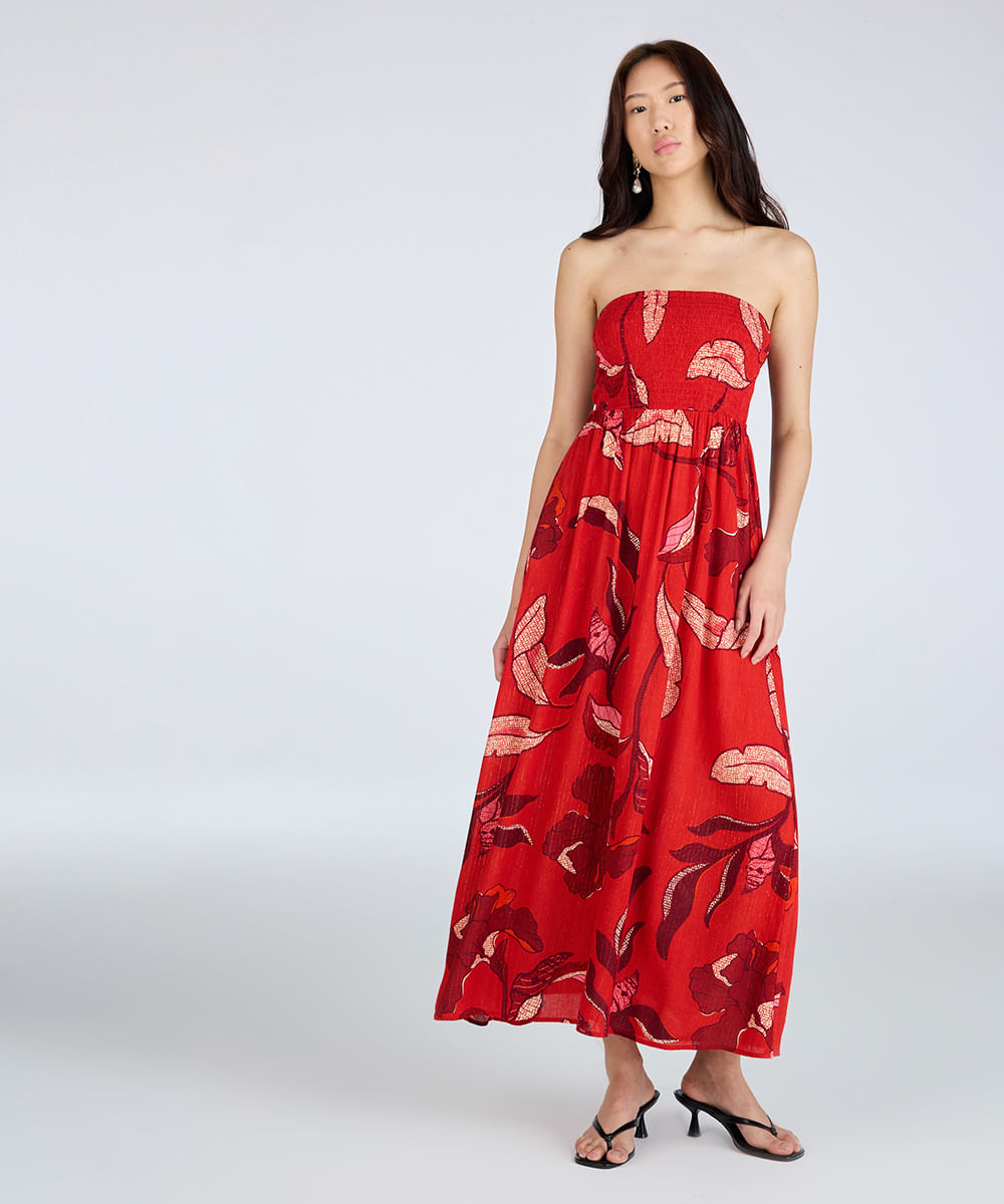 vestido longo feminino de viscose com lurex floral vermelho