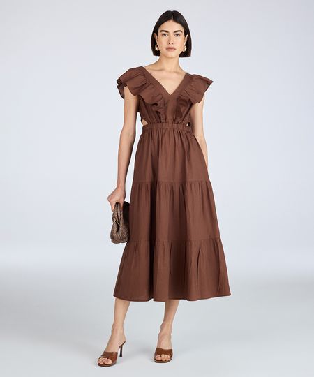 vestido evasê feminino com babados e recortes marrom M vestido evasê feminino com babados e recortes marrom M