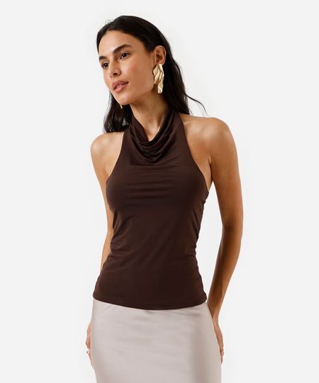 blusa ombro único feminina com franzido marrom PP blusa ombro único feminina com franzido marrom PP