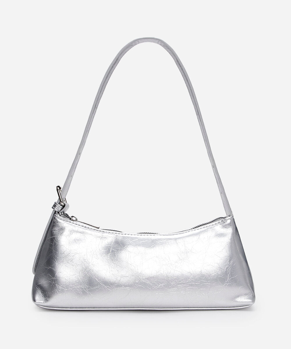 bolsa baguete com fivela metalizada prateada