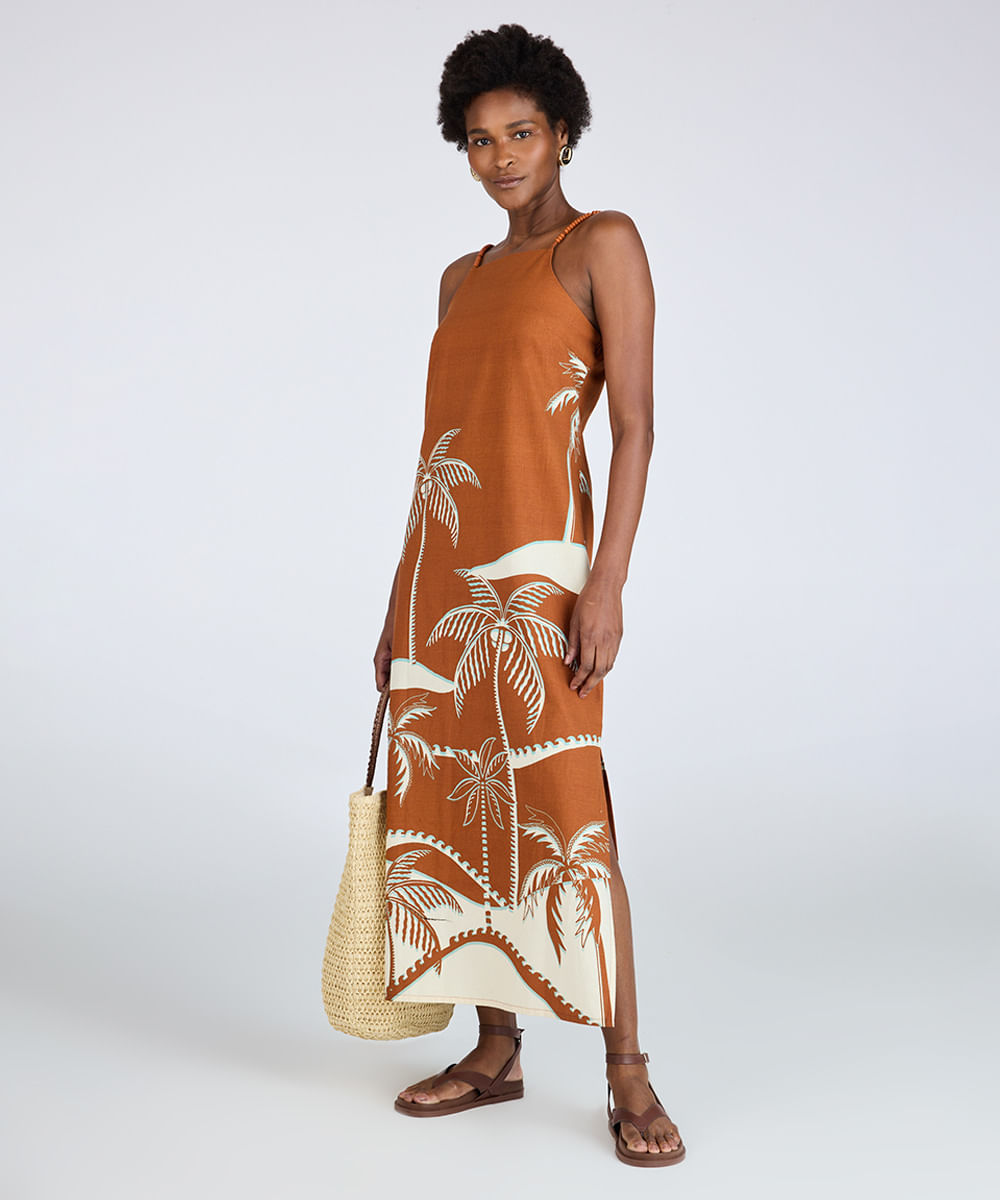 vestido midi feminino alça fina com miçangas coqueiro marrom