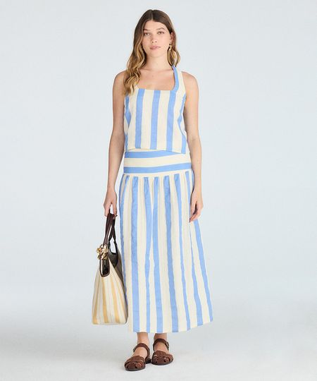 saia midi feminina de algodão listrada azul PP saia midi feminina de algodão listrada azul PP