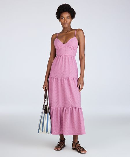 vestido longo feminino de laise com amarração floral lilás PP