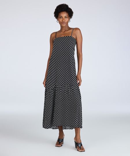 vestido midi feminino de viscose alça fina poá preto G