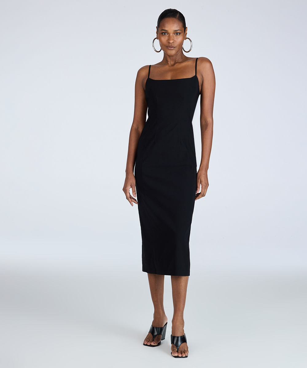 vestido midi feminino de viscose com fenda preto