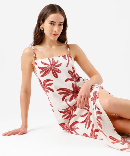 vestido longo alça fina feminino com linho e fenda folhagens colorido P vestido longo alça fina feminino com linho e fenda folhagens colorido P