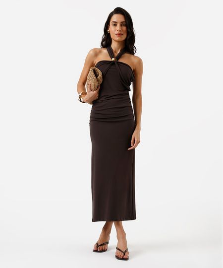 vestido midi feminino frente única franzido marrom PP