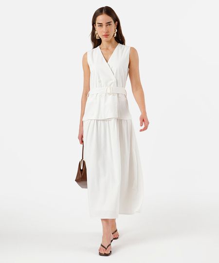 vestido midi feminino com linho decote v off white P vestido midi feminino com linho decote v off white P