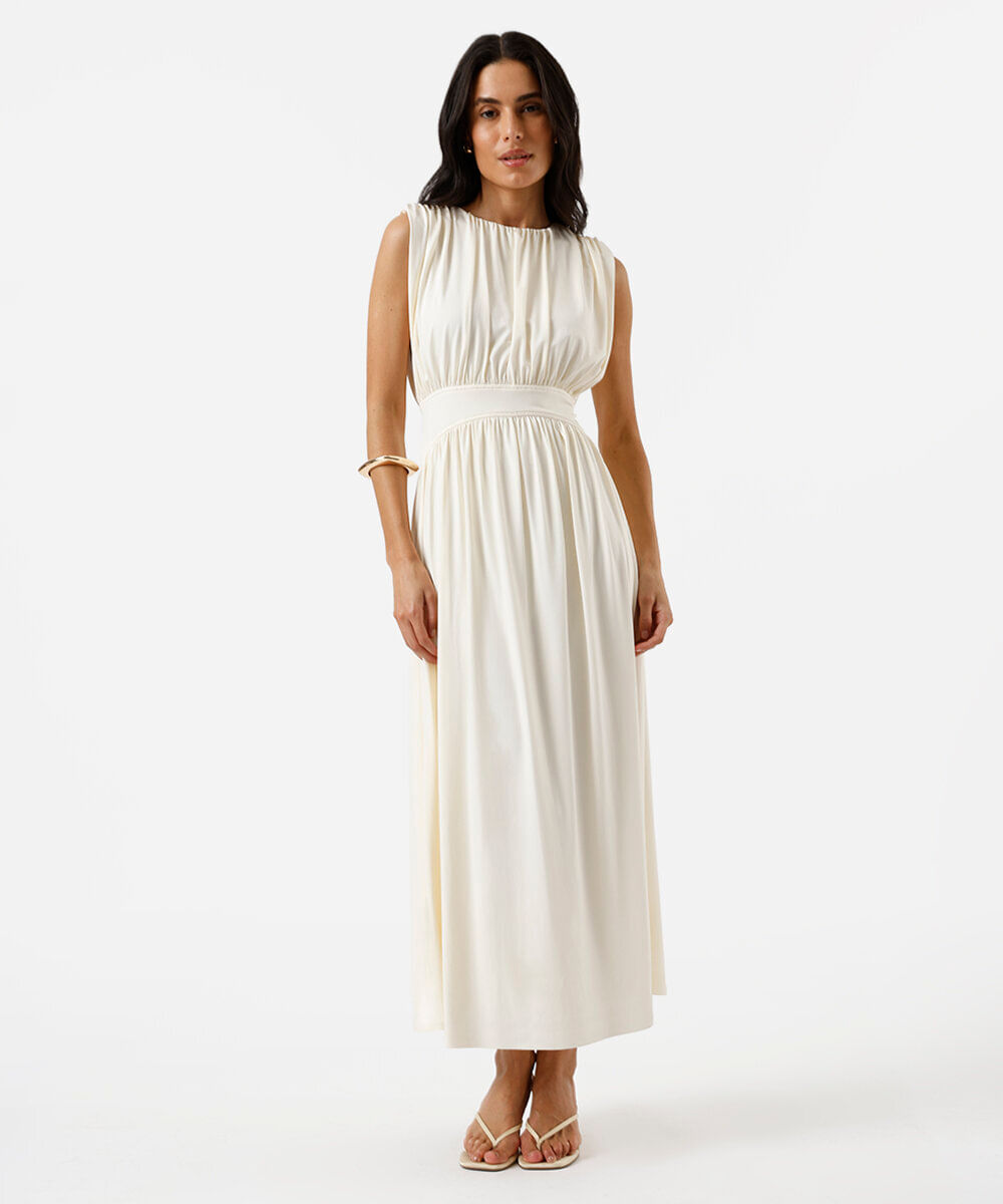 vestido midi feminino franzido off white