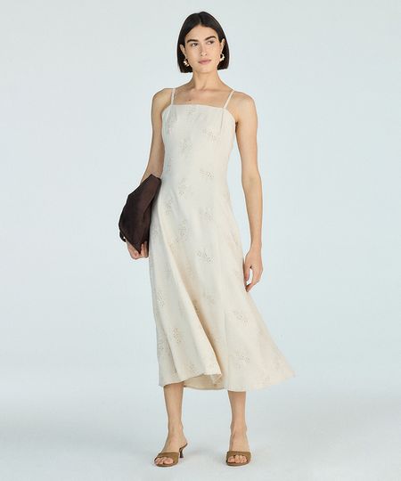 vestido midi feminino com bordado bege P