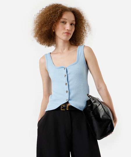 regata feminina de tricot com botões azul P regata feminina de tricot com botões azul P