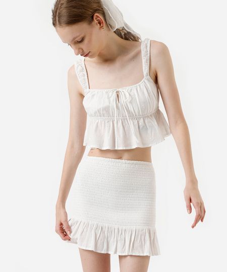 cropped feminino de algodão franzido com bordado off white XPP cropped feminino de algodão franzido com bordado off white XPP