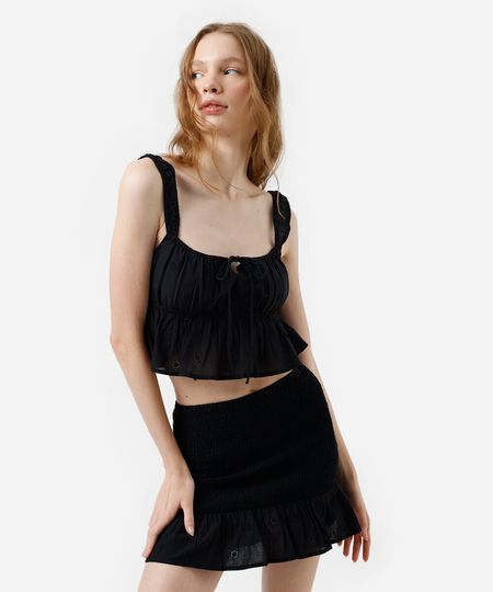 cropped feminino de algodão franzido com bordado preto PP