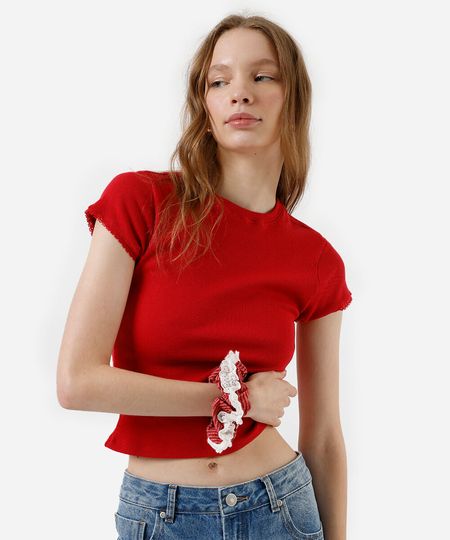 blusa baby look feminina com renda canelada cropped vermelha G