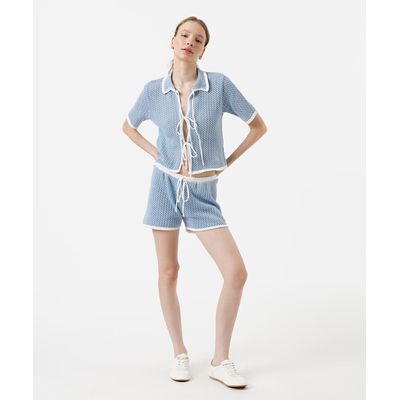 short curto feminino de tricot bicolor azul