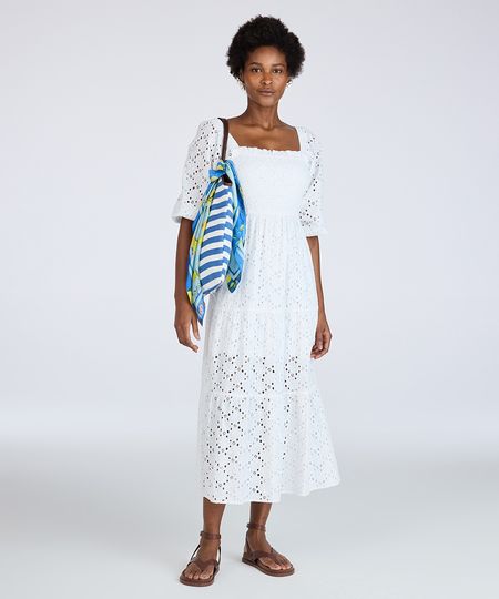 vestido midi feminino de laise manga bufante floral off white P vestido midi feminino de laise manga bufante floral off white P