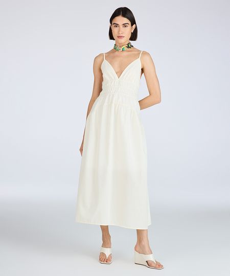 vestido midi feminino alça fina franzido amarelo M