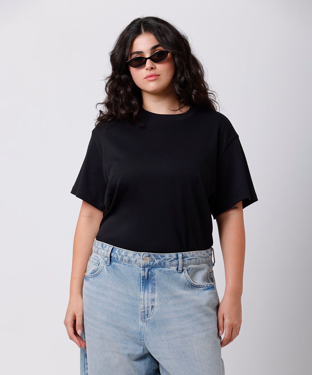 camiseta oversized feminina de algodão peruano interlock mindset plus size preta