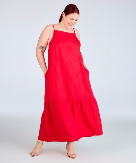 vestido midi feminino com bordado com bolso plus size vermelho GG