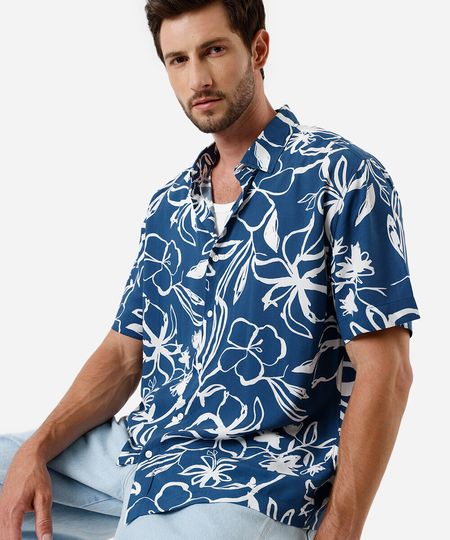 camisa masculina de viscose floral azul G camisa masculina de viscose floral azul G