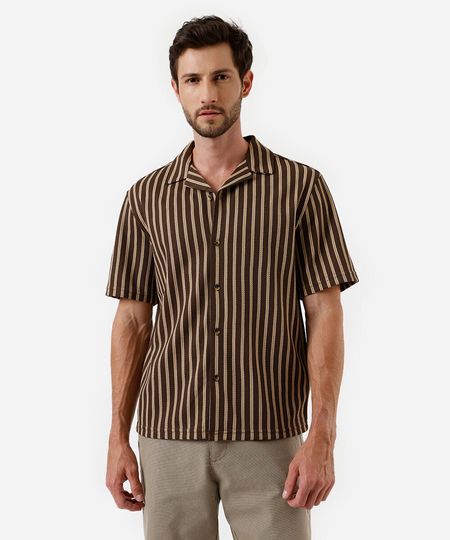 camisa masculina manga curta listrada marrom P camisa masculina manga curta listrada marrom P