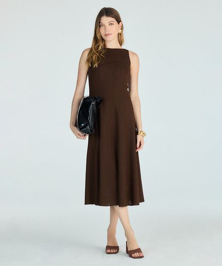 vestido evasê feminino de alfaiataria com linho marrom P vestido evasê feminino de alfaiataria com linho marrom P