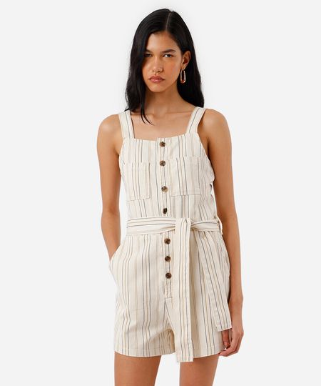 macaquinho feminino de sarja listrado bege P macaquinho feminino de sarja listrado bege P