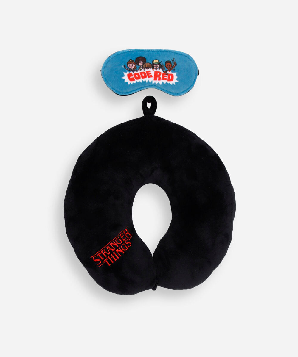 apoio de pescoço com máscara de dormir stranger things preto