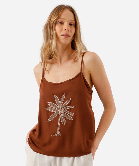 blusa alça fina feminina de viscose bordada marrom GG