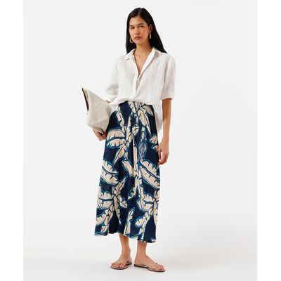 saia midi feminina plissada folhagens azul