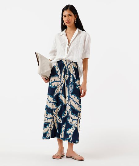 saia midi feminina plissada folhagens azul PP