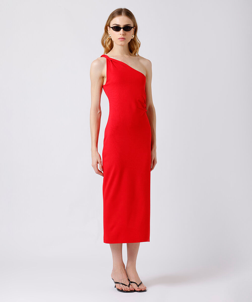 vestido midi feminino ombro único mindset vermelho