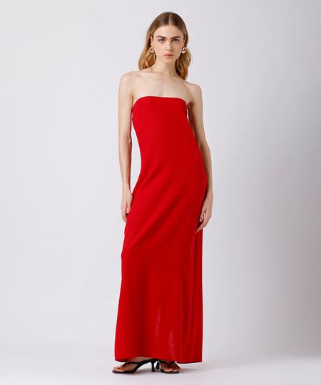 vestido longo sem alça feminino com linho e fenda mindset vermelho GG