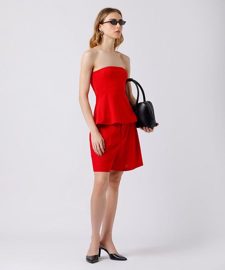 bermuda de alfaiataria feminina com linho e pregas mindset vermelha 36