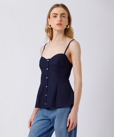 blusa peplum feminina com linho alça fina mindset azul M