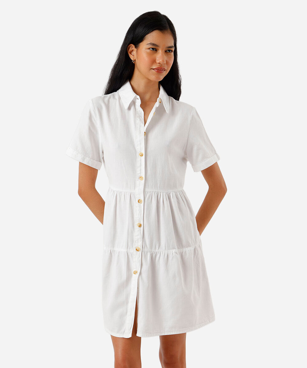 vestido curto chemise feminino de sarja com recortes off white