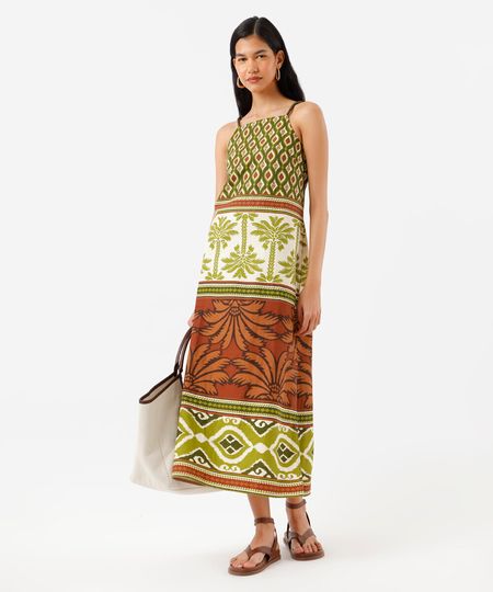 vestido midi alça fina feminino com algodão e fenda estampado verde P