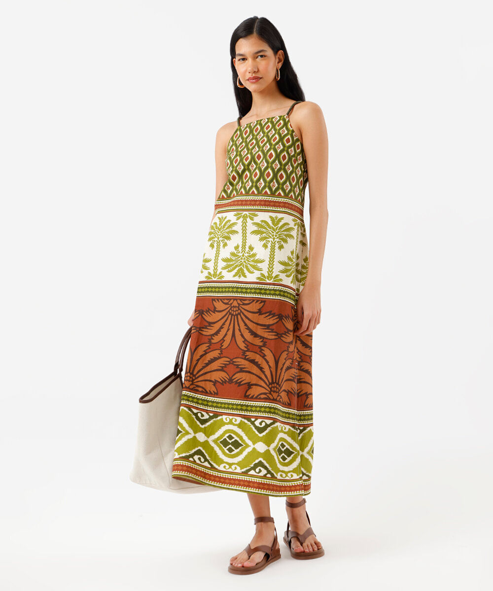 vestido midi alça fina feminino com algodão e fenda estampado verde