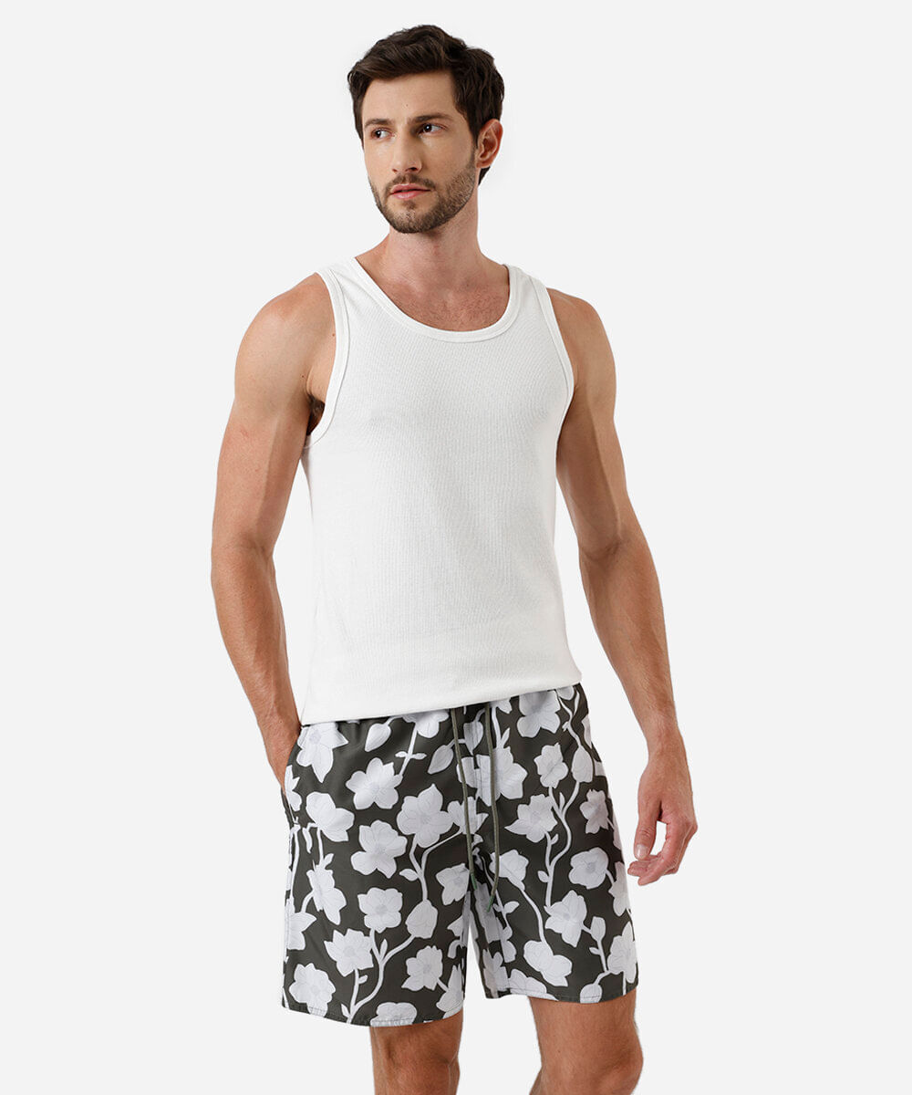 short masculino cós elástico floral verde