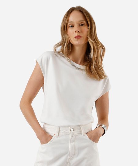 blusa feminina com viscose e brilhos manga curta off white PP