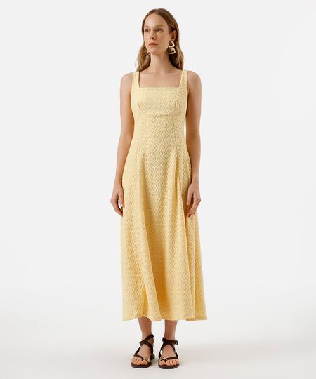 vestido midi feminino decote quadrado floral texturizado amarelo M