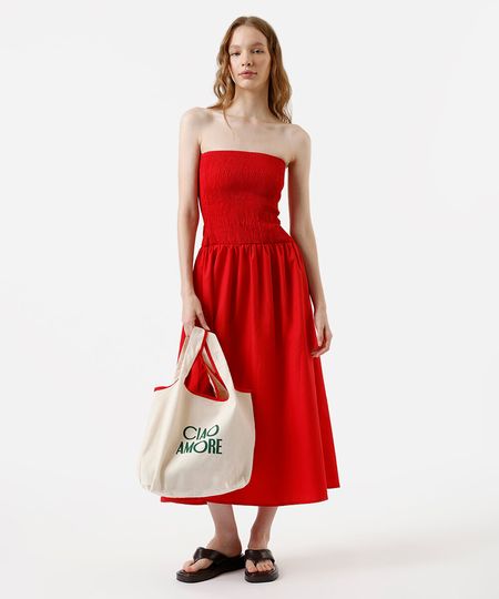 vestido midi sem alça feminino franzido vermelho XPP vestido midi sem alça feminino franzido vermelho XPP